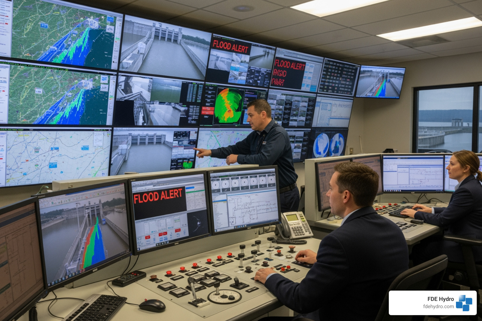 control room for a dam, showing operators monitoring water levels - Dam flood control