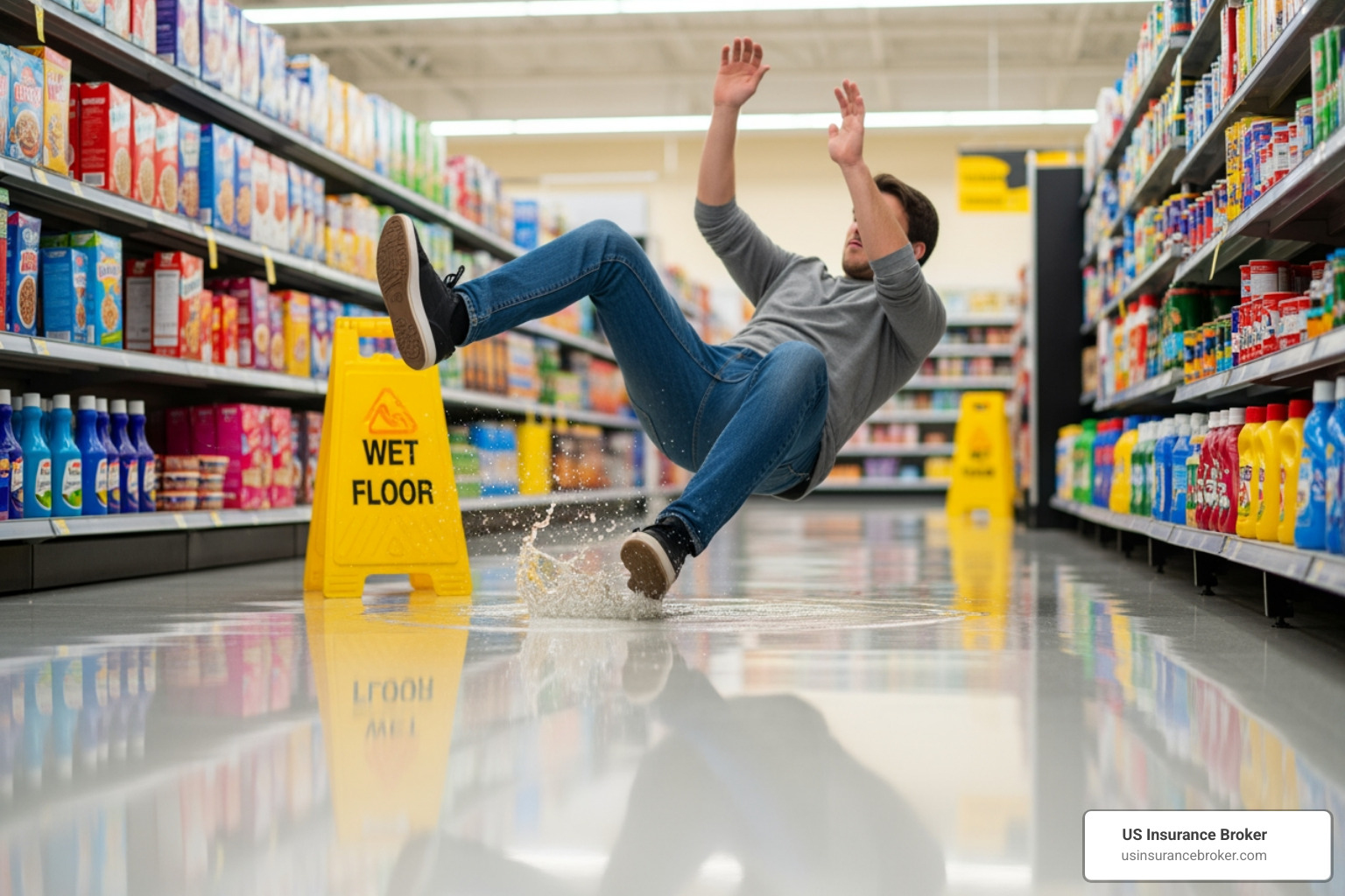 Illustration of a slip-and-fall accident in a retail store - general liability insurance companies near me