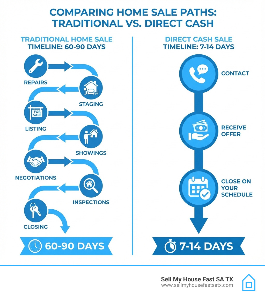 Infographic comparing traditional home sale timeline of 60-90 days with multiple steps including repairs, staging, listing, showings, negotiations, inspections, and closing versus direct cash sale timeline of 7-14 days with just three simple steps: contact, receive offer, and close on your schedule in San Antonio, TX - how to sell a house infographic