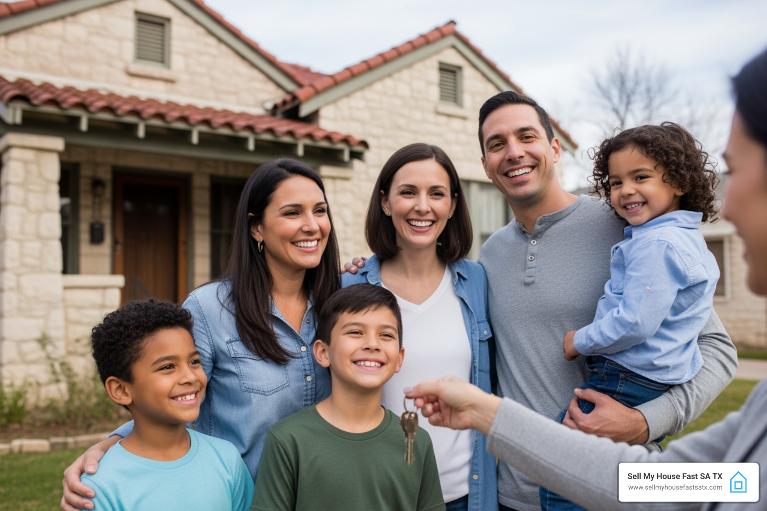 Happy family handing over keys in front of their old house in San Antonio, TX - how to sell a house