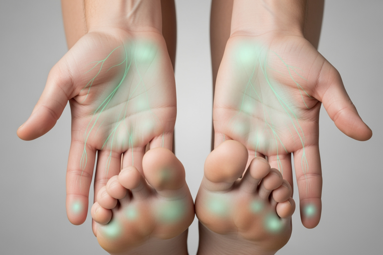 hands and feet with highlighted areas showing common locations for sensory symptoms - nerve damage