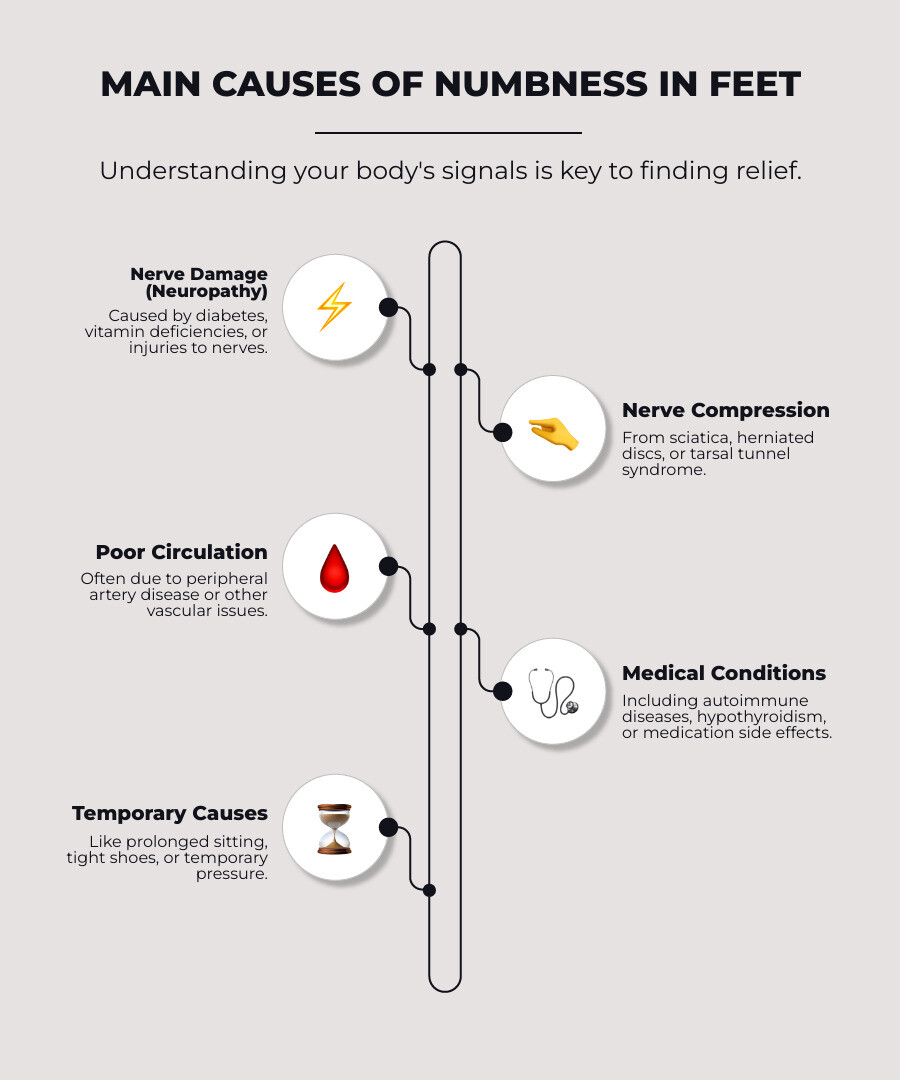Infographic showing the main causes of foot numbness including peripheral neuropathy, nerve compression in the spine, poor circulation, diabetes-related nerve damage, vitamin B deficiencies, and temporary compression from posture or footwear - numbness in feet infographic infographic-line-5-steps-elegant_beige