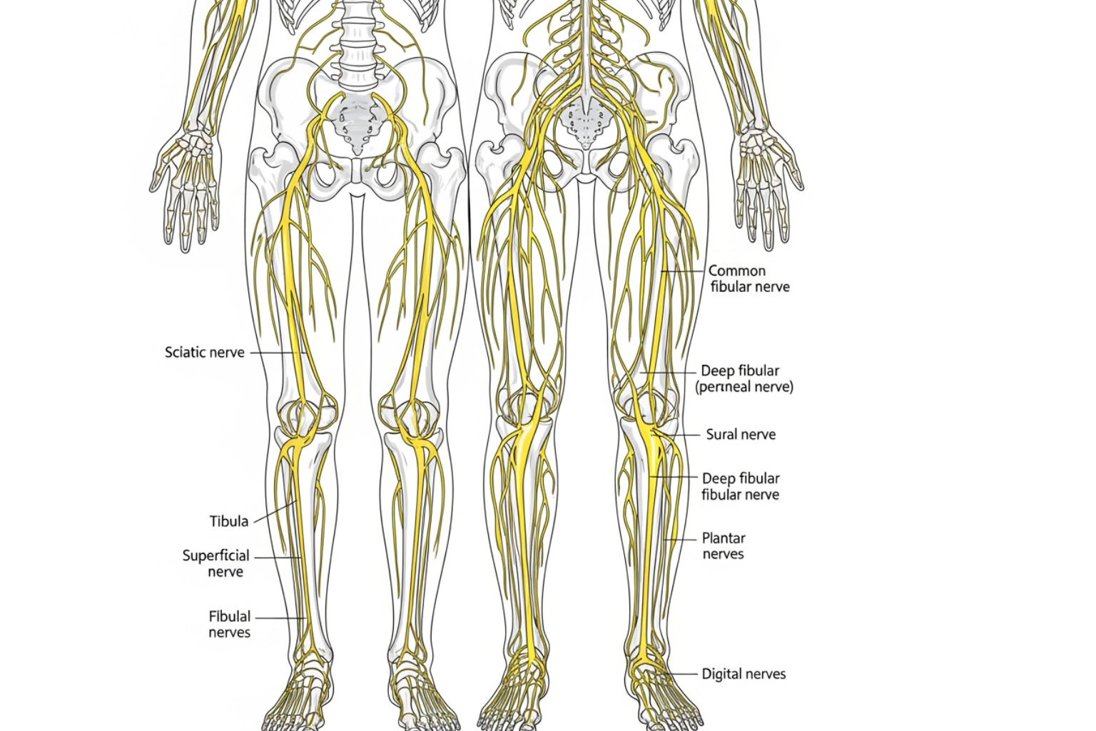 peripheral nervous system highlighting leg and foot nerves - numbness in feet