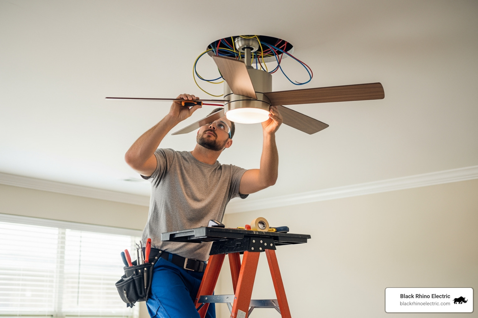 Black Rhino Electric electrician installing a ceiling fan - Ceiling fan installation Ogden Black Rhino Electric electrician installing a ceiling fan - Ceiling fan installation Ogden