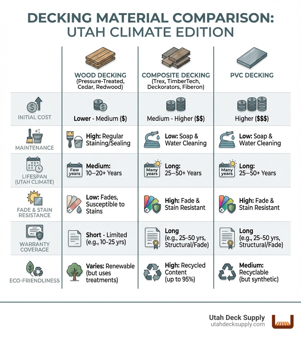 Infographic showing three columns comparing Wood Decking (pressure-treated pine, cedar, redwood), Composite Decking (Trex, TimberTech, Deckorators, Fiberon), and PVC Decking, with rows for initial cost, maintenance requirements, lifespan in Utah climate, fade and stain resistance, warranty coverage, and eco-friendliness - deck supplies Salt Lake City infographic Infographic showing three columns comparing Wood Decking (pressure-treated pine, cedar, redwood), Composite Decking (Trex, TimberTech, Deckorators, Fiberon), and PVC Decking, with rows for initial cost, maintenance requirements, lifespan in Utah climate, fade and stain resistance, warranty coverage, and eco-friendliness - deck supplies Salt Lake City infographic
