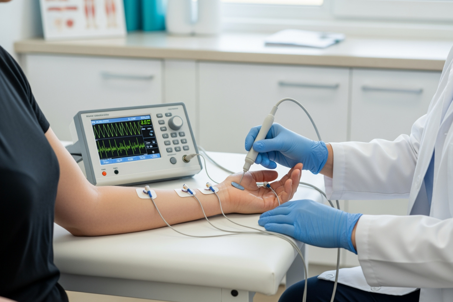 Doctor performing a nerve conduction study on a patient's arm - what is neuropathic pain