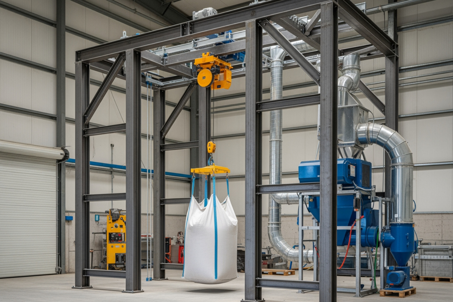 Integrated bulk bag unloader frame with a hoist and dust collection system Integrated bulk bag unloader frame with a hoist and dust collection system