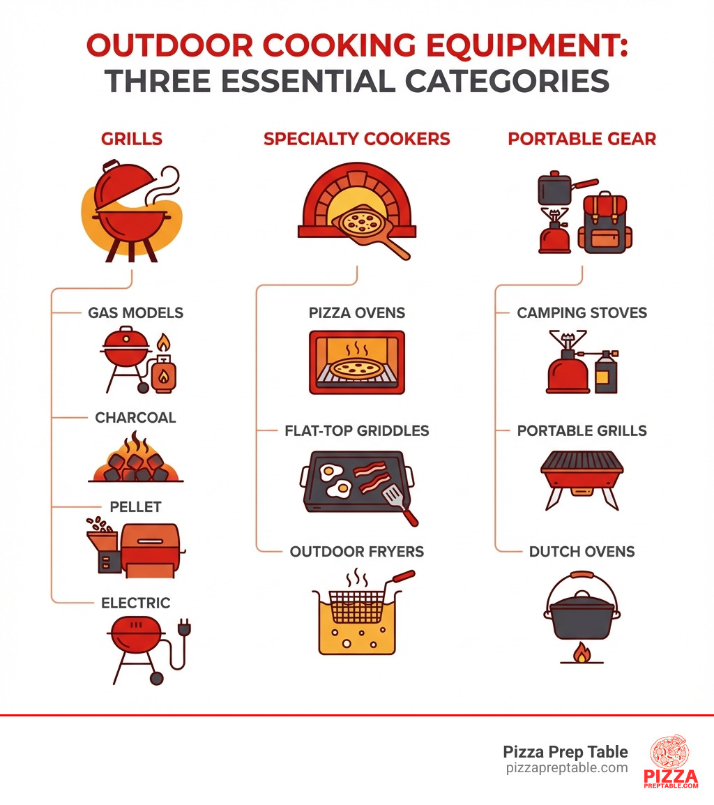 Infographic showing three main categories of outdoor cooking equipment: Grills including gas, charcoal, pellet and electric models; Specialty Cookers featuring pizza ovens, flat-top griddles and outdoor fryers; and Portable Gear with camping stoves, portable grills and dutch ovens - outdoor cooking equipment infographic Infographic showing three main categories of outdoor cooking equipment: Grills including gas, charcoal, pellet and electric models; Specialty Cookers featuring pizza ovens, flat-top griddles and outdoor fryers; and Portable Gear with camping stoves, portable grills and dutch ovens - outdoor cooking equipment infographic