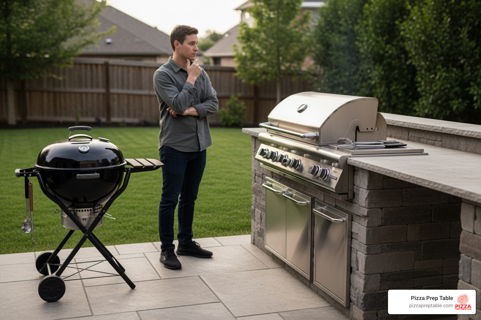 a person comparing a small portable grill and a large built-in grill - outdoor cooking equipment a person comparing a small portable grill and a large built-in grill - outdoor cooking equipment