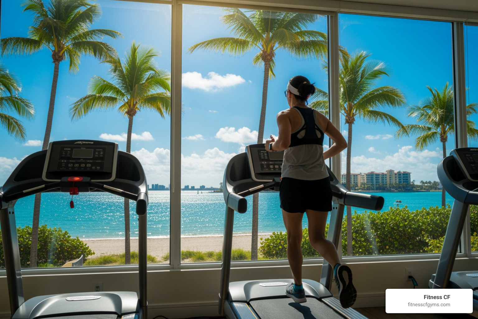a person running on a treadmill with a sunny Florida view in the background - gym memberships florida