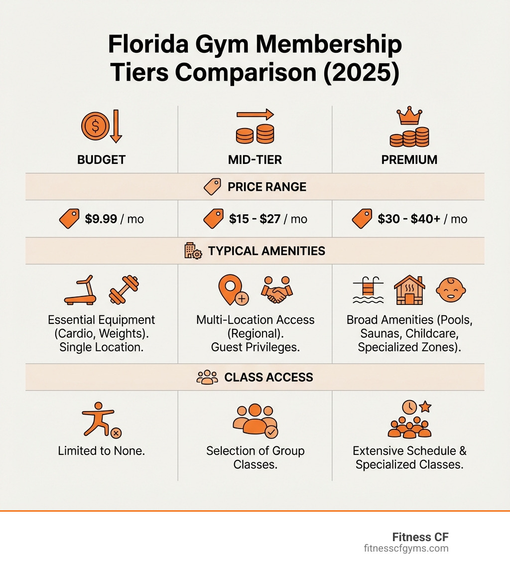 table comparing generic membership tiers (Budget, Mid-Tier, Premium) across key features like Price Range, Typical Amenities, and Class Access - gym memberships florida infographic 