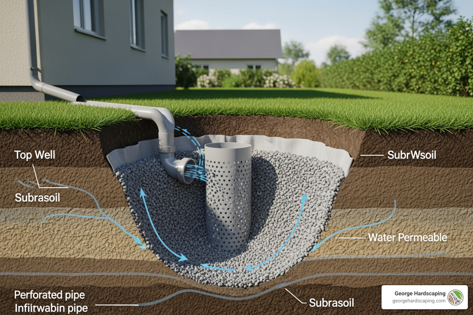 A close-up of a clean, well-maintained gutter with a dark leaf guard installed over it, showing leaves and debris resting on top of the guard instead of inside the gutter. - Dry well installation