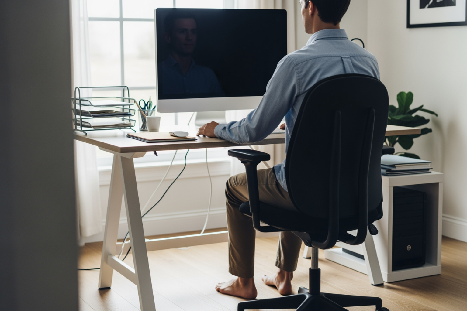 person sitting at computer with good posture - shoulder pain relief