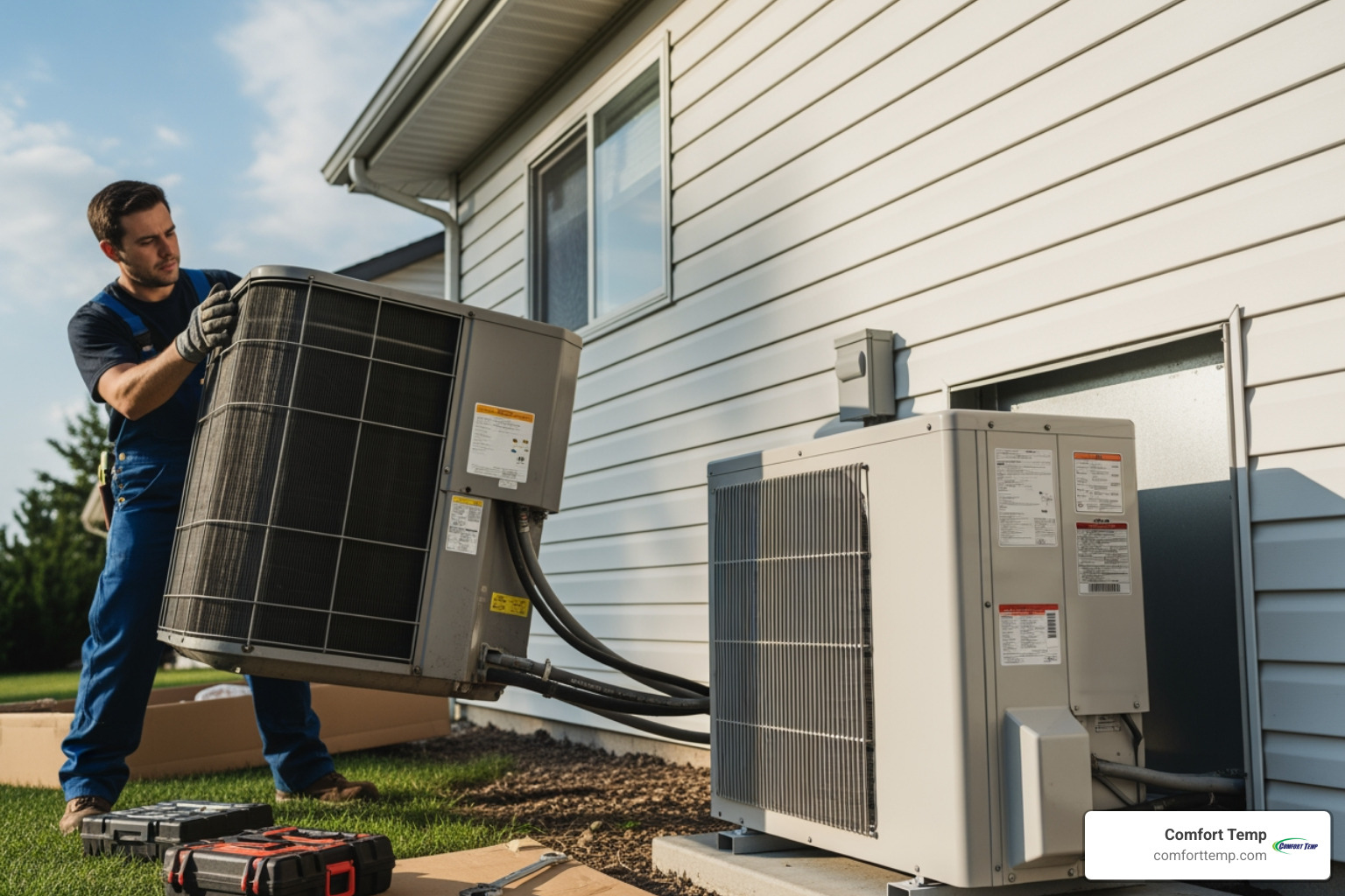 Image of a friendly HVAC technician discussing options with a homeowner - air conditioner change Image of a friendly HVAC technician discussing options with a homeowner - air conditioner change