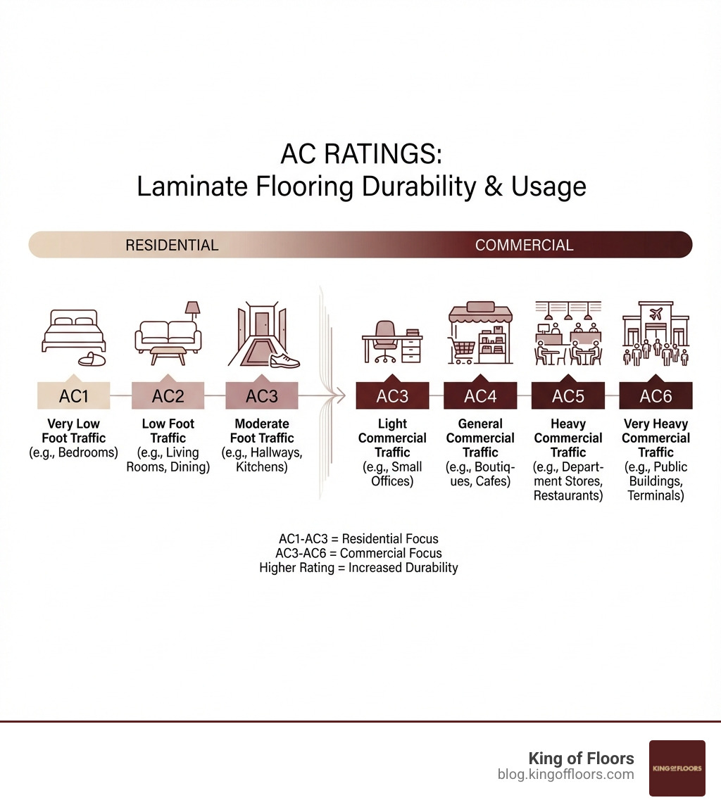 Infographic comparing AC Ratings (AC1-AC6) with recommended usage areas, showing AC1-AC3 for residential and AC3-AC6 for commercial applications, laminate flooring infographic 