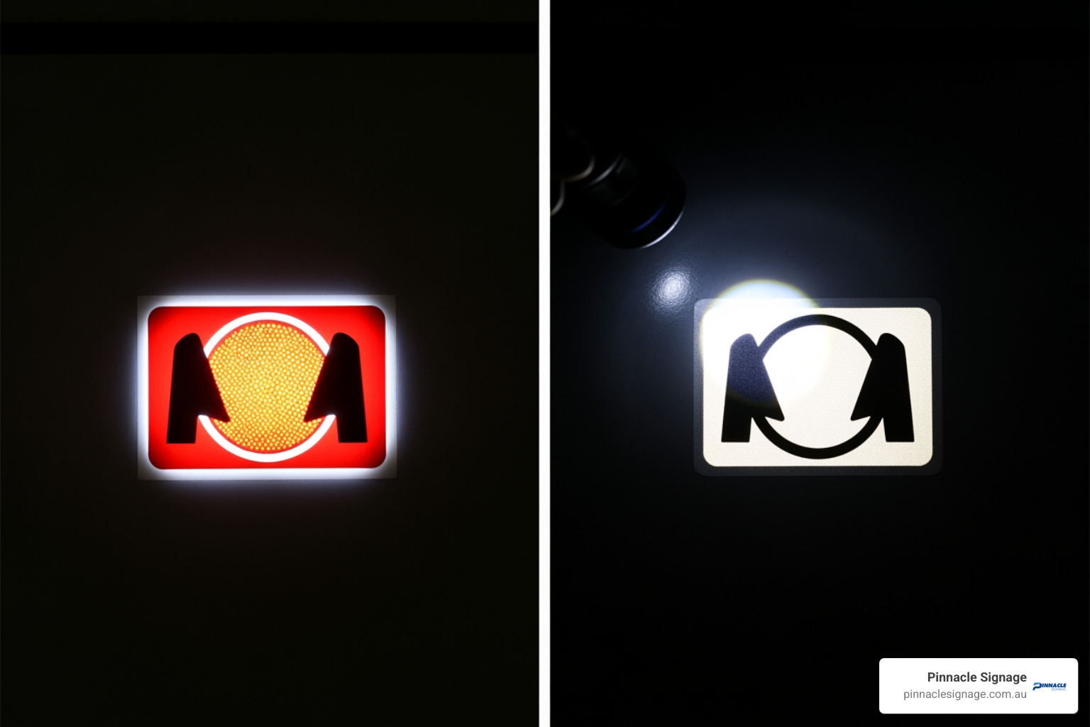 Comparison of a decal in normal light versus a reflective decal in low light - Custom safety decals