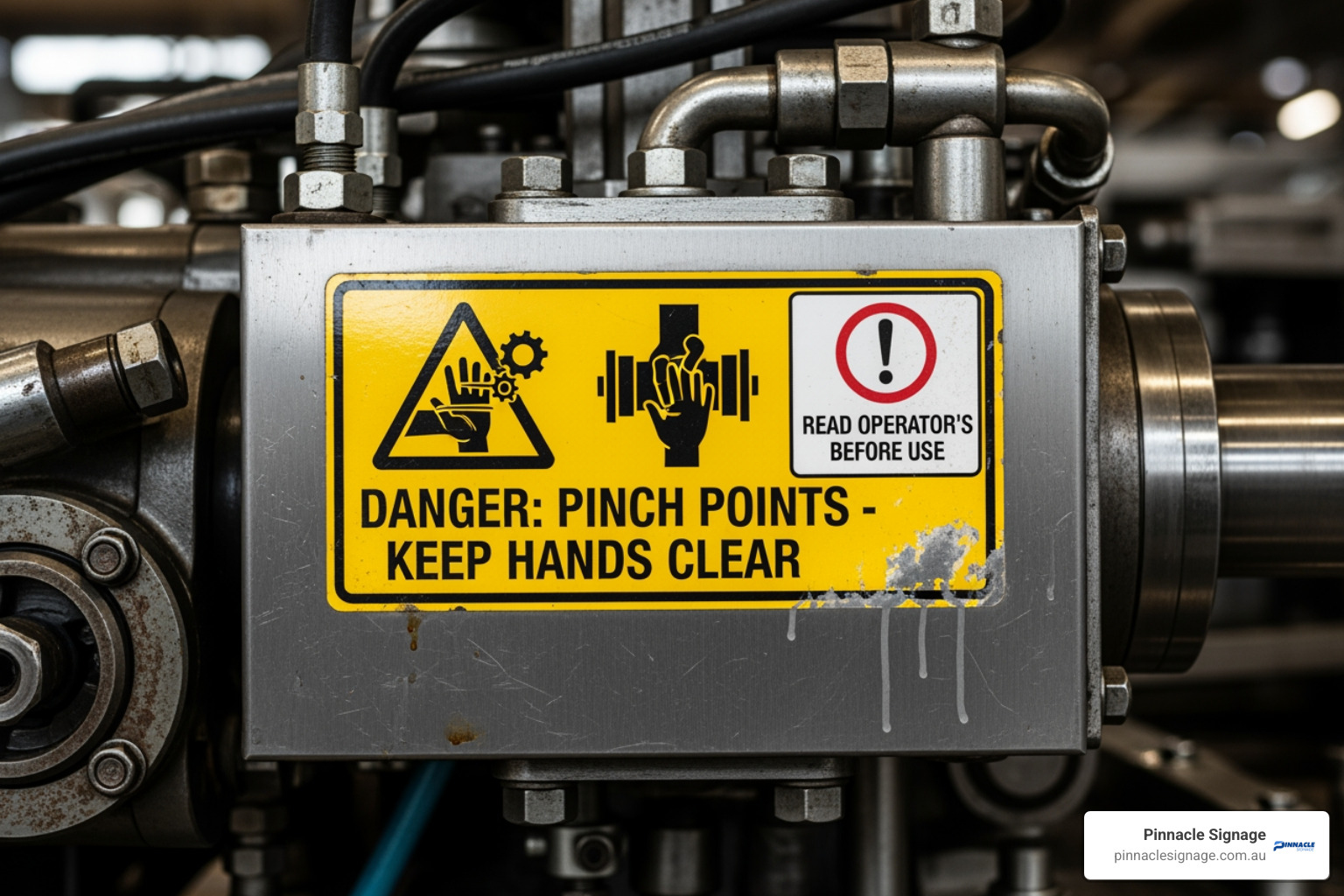 A custom decal on a complex piece of machinery with specific pinch point and operational warnings - Custom safety decals