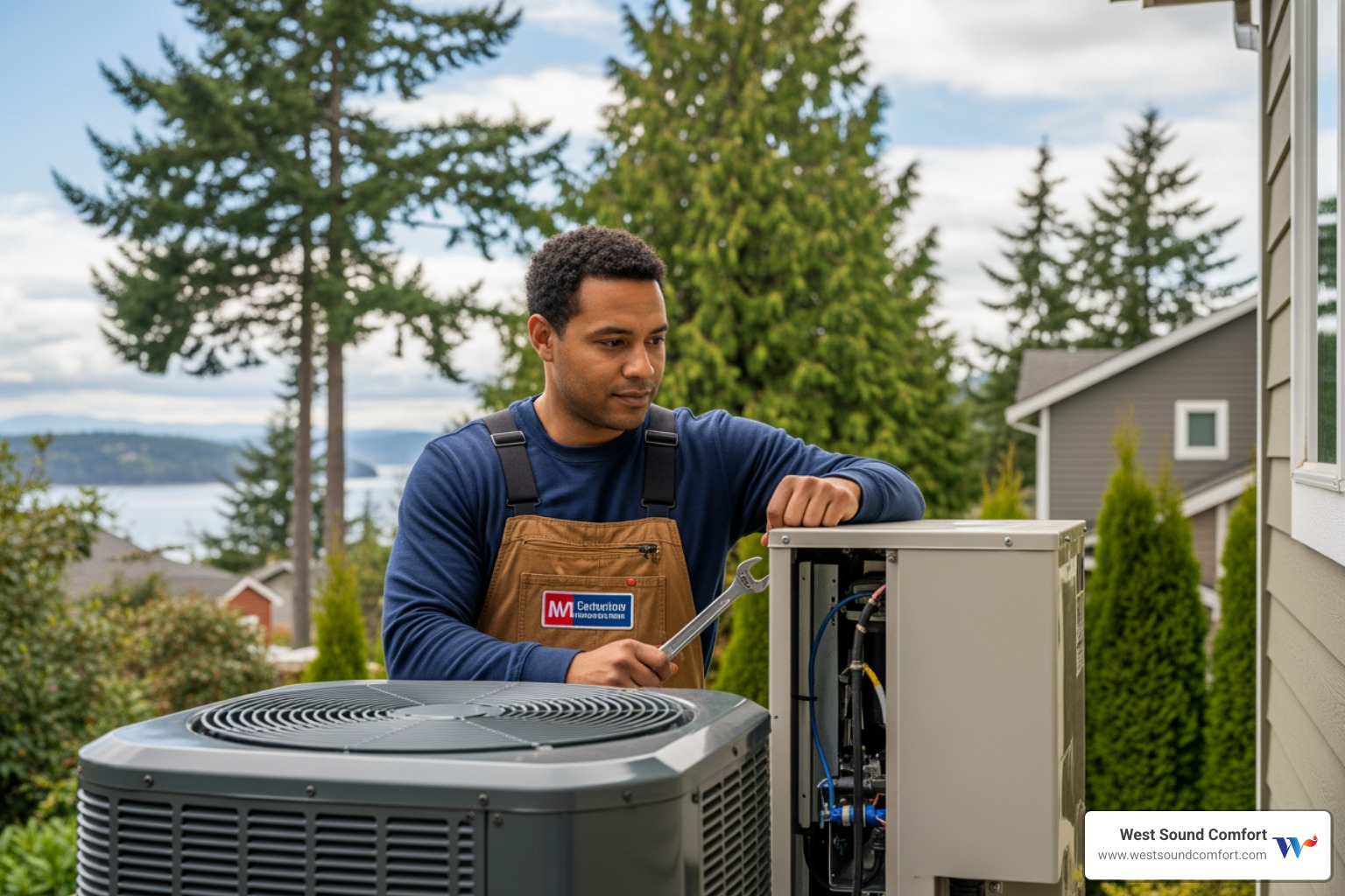 modern heat pump outdoor unit next to a well-kept home in the Pacific Northwest. - certified heat pump technician in kingston, wa modern heat pump outdoor unit next to a well-kept home in the Pacific Northwest. - certified heat pump technician in kingston, wa