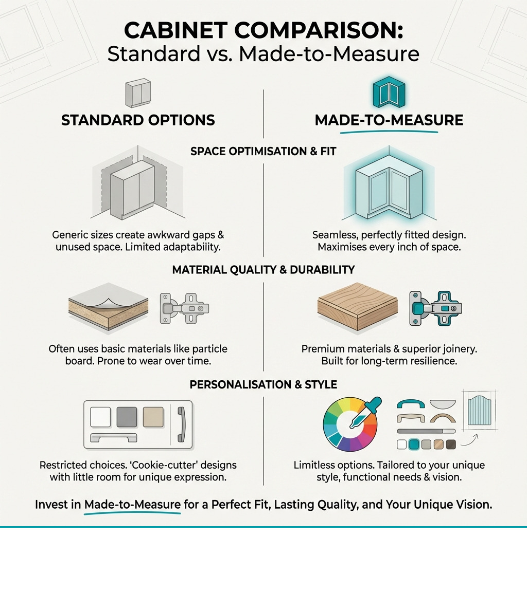 Comprehensive comparison infographic showing made-to-measure cabinets versus standard options, highlighting space optimisation benefits, superior material quality including solid timber and premium hardware, personalisation options for unique styles, long-term durability advantages, and overall value proposition for homeowners - made to measure cabinets and joinery infographic 