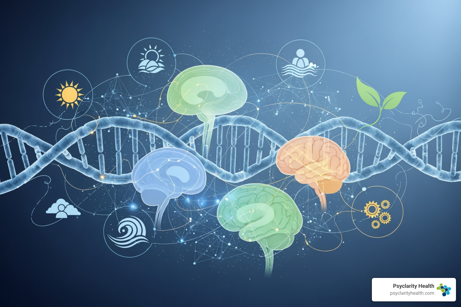 Illustration of intertwined DNA strands, brain regions, and environmental factors - Antisocial Personality Disorder Illustration of intertwined DNA strands, brain regions, and environmental factors - Antisocial Personality Disorder