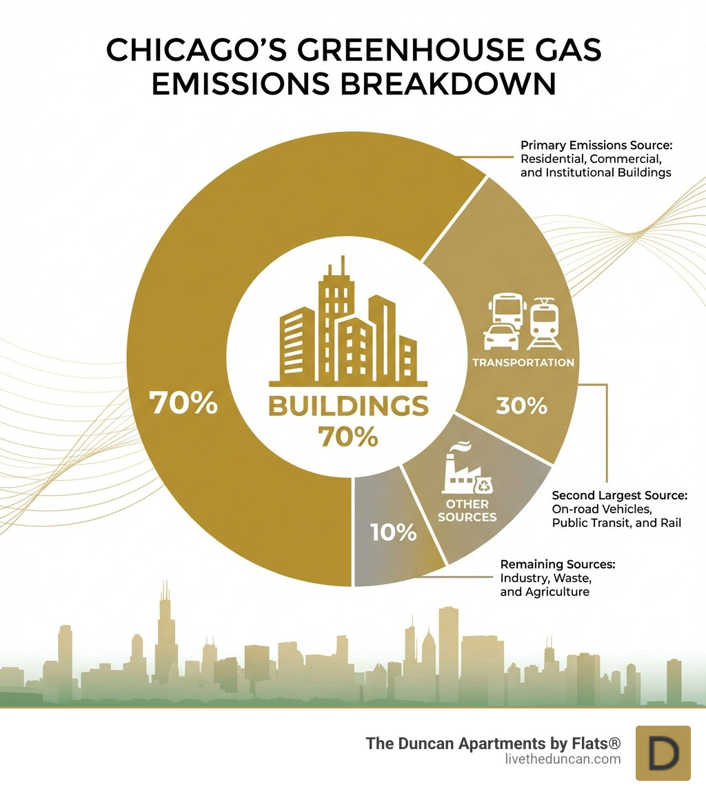 Infographic showing Chicago's greenhouse gas emissions breakdown with buildings comprising 70% of total emissions, followed by transportation and other sources, with icons representing each category - chicago green building infographic 