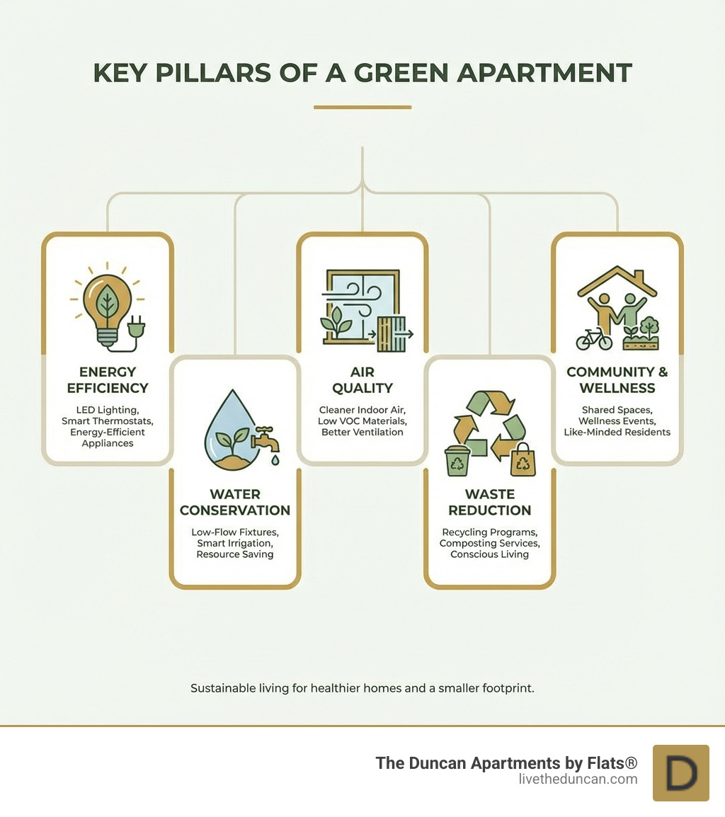 infographic explaining the key pillars of a green apartment: Energy, Water, Air Quality, Waste, Community - green apartments chicago infographic 