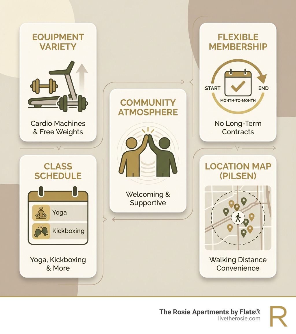 infographic showing key gym features including equipment variety with icons for cardio machines and free weights, class schedule calendar with yoga and kickboxing options, community atmosphere with people high-fiving, flexible membership options with month-to-month contracts, and location map showing gyms within walking distance in Pilsen - pilsen gym chicago infographic 