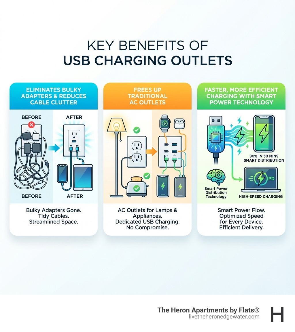 Infographic showing three key benefits of USB charging outlets: 1) Eliminates bulky charging adapters and reduces cable clutter, 2) Frees up traditional AC outlets for lamps and appliances, 3) Provides faster, more efficient charging with smart power distribution technology - USB charging outlets infographic Infographic showing three key benefits of USB charging outlets: 1) Eliminates bulky charging adapters and reduces cable clutter, 2) Frees up traditional AC outlets for lamps and appliances, 3) Provides faster, more efficient charging with smart power distribution technology - USB charging outlets infographic