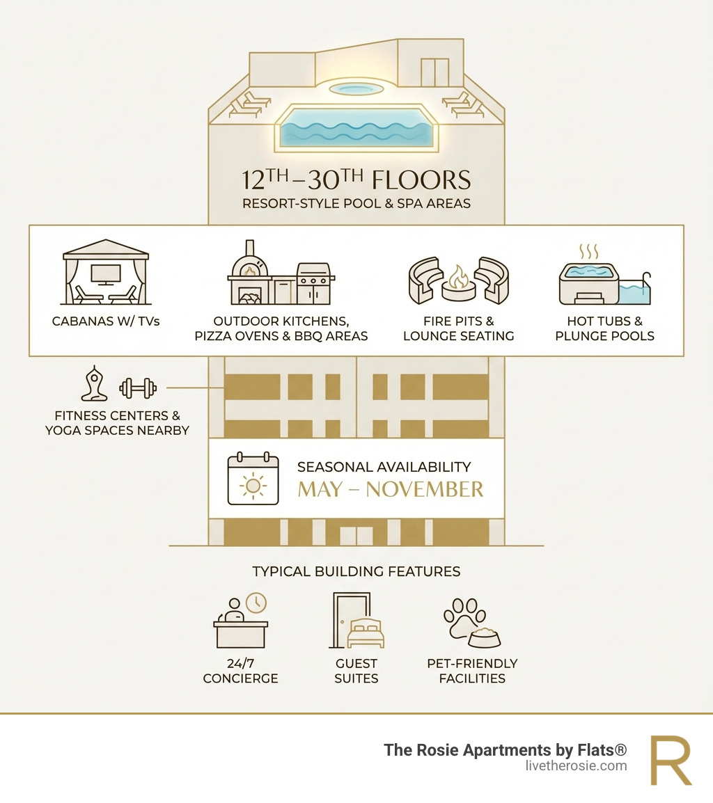 Infographic showing the key features of modern rooftop pool apartments: resort-style pool and spa areas on 12th-30th floors, amenities including cabanas with TVs, outdoor kitchens with pizza ovens and BBQ areas, fire pits and lounge seating, hot tubs and plunge pools, fitness centers and yoga spaces nearby, seasonal availability typically May through November, and typical building features like 24/7 concierge, guest suites, and pet-friendly facilities - apartments rooftop pool infographic 