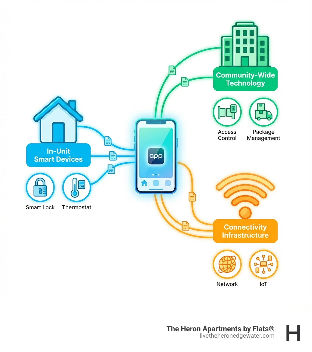 infographic showing three pillars of smart apartments: a house icon labeled 'In-Unit Smart Devices' with smart lock and thermostat symbols, a building icon labeled 'Community-Wide Technology' with access control and package management symbols, and a wifi signal icon labeled 'Connectivity Infrastructure' with network and IoT symbols, all connected by lines to a central smartphone icon - smart home apartments infographic 