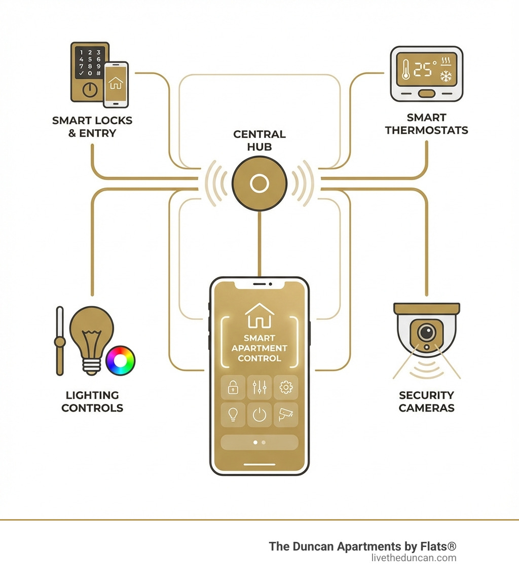 infographic showing smart apartment components including a central hub connecting to smart locks, thermostats, lighting controls, and security cameras, all managed through a smartphone app interface - smart apartments chicago infographic 
