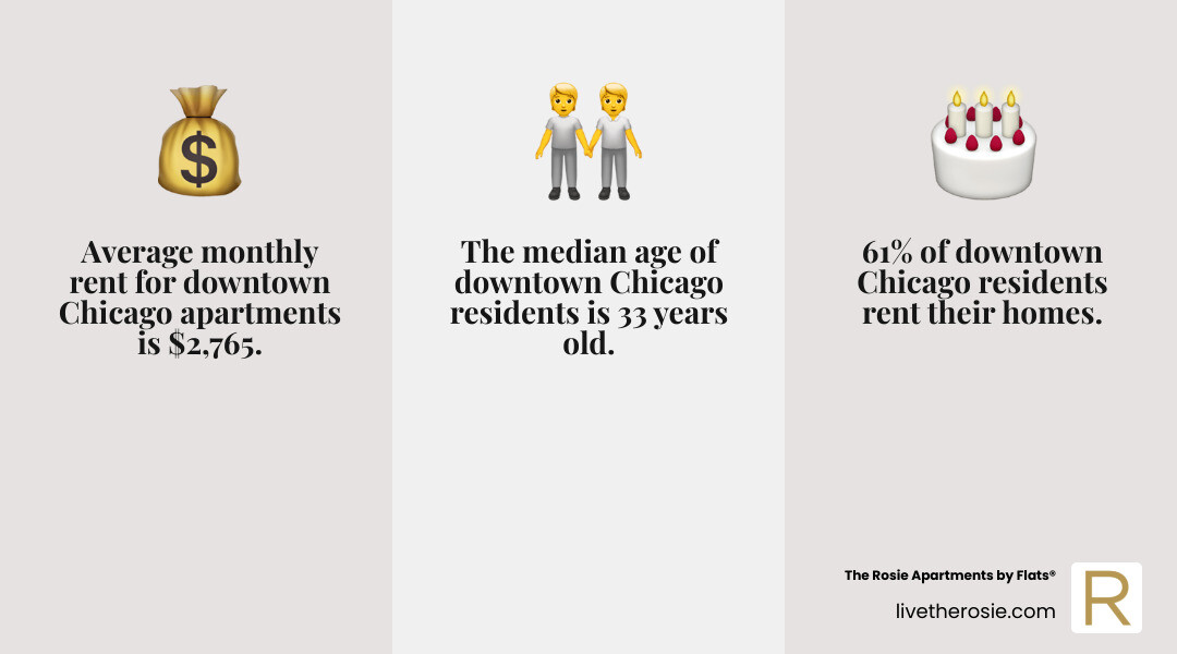 Infographic showing Downtown Chicago rental statistics: 7,318 available apartments, average rent $2,765, 61% renter-occupied, median age 33, median income $120,725, 84% in large buildings, and key neighborhoods including The Loop, River North, West Loop, South Loop, Streeterville, and Gold Coast - apartment buildings downtown chicago infographic 3_facts_emoji_grey Infographic showing Downtown Chicago rental statistics: 7,318 available apartments, average rent $2,765, 61% renter-occupied, median age 33, median income $120,725, 84% in large buildings, and key neighborhoods including The Loop, River North, West Loop, South Loop, Streeterville, and Gold Coast - apartment buildings downtown chicago infographic 3_facts_emoji_grey