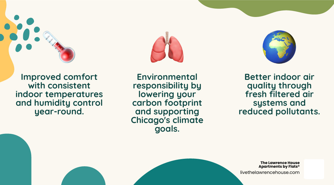Infographic showing three circular icons: first icon displays a thermostat with consistent temperature waves representing improved comfort and year-round climate control; second icon shows lungs with clean air particles representing better indoor air quality and reduced allergens; third icon shows a green leaf with a carbon footprint symbol crossed out representing environmental responsibility and reduced carbon emissions - Energy-Efficient Apartments Chicago infographic 3_facts_emoji_nature