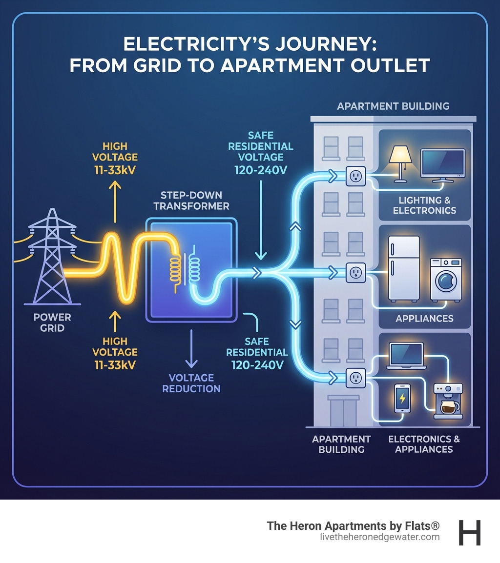 Infographic showing electricity's journey from the power grid at 11-33kV, through a step-down transformer reducing voltage to 120-240V, then distributing to individual apartment units with outlets powering appliances, lighting, and electronics - transformer for apartments infographic 