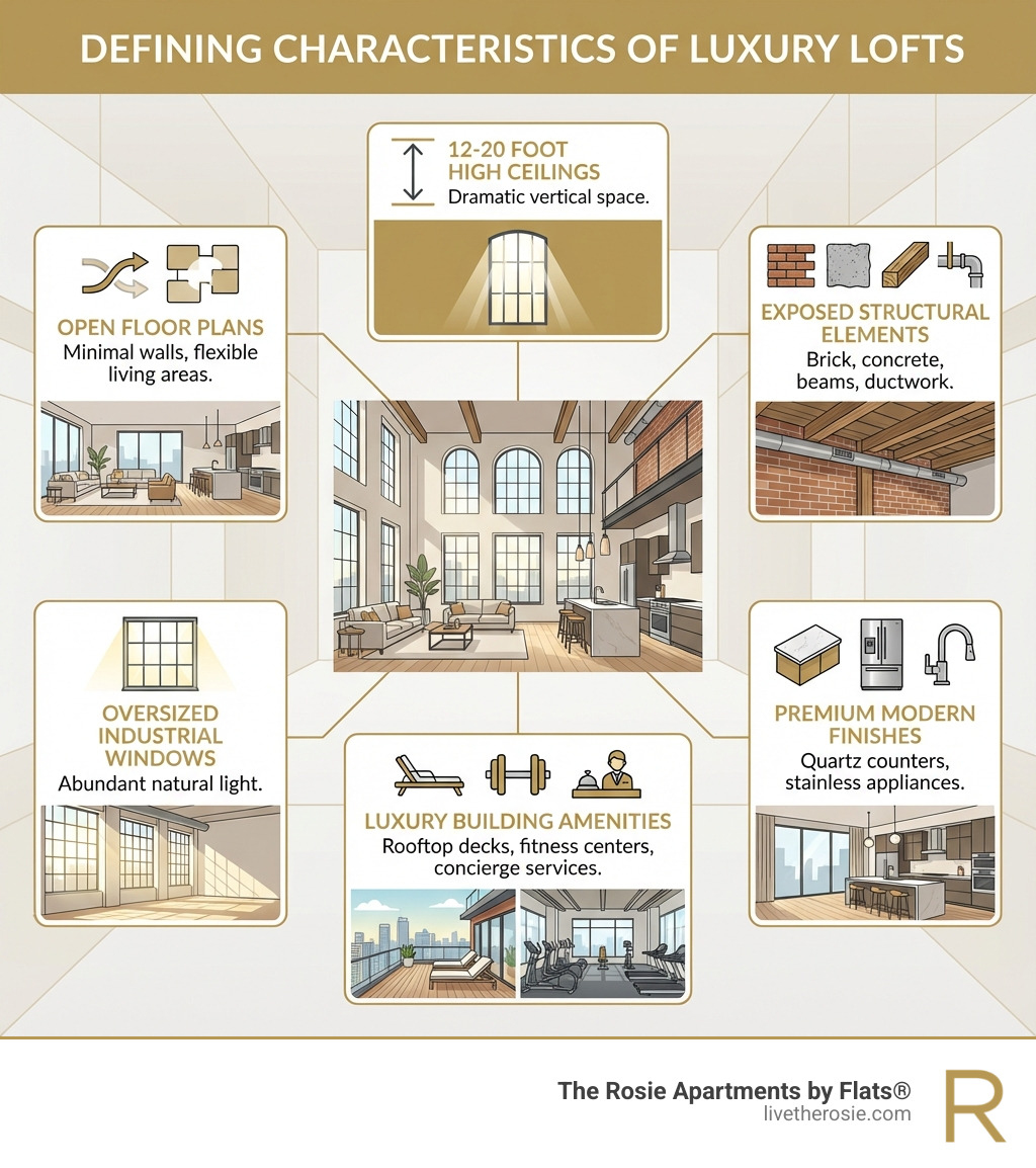 Infographic showing the defining characteristics of luxury lofts: 12-20 foot high ceilings allowing for dramatic vertical space; open floor plans with minimal interior walls creating flexible living areas; exposed structural elements including brick walls, concrete floors, wooden beams, and visible ductwork; oversized industrial windows providing abundant natural light; premium modern finishes like quartz countertops and stainless appliances; and luxury building amenities such as rooftop decks, fitness centers, and concierge services - Chicago luxury loft rentals infographic Infographic showing the defining characteristics of luxury lofts: 12-20 foot high ceilings allowing for dramatic vertical space; open floor plans with minimal interior walls creating flexible living areas; exposed structural elements including brick walls, concrete floors, wooden beams, and visible ductwork; oversized industrial windows providing abundant natural light; premium modern finishes like quartz countertops and stainless appliances; and luxury building amenities such as rooftop decks, fitness centers, and concierge services - Chicago luxury loft rentals infographic