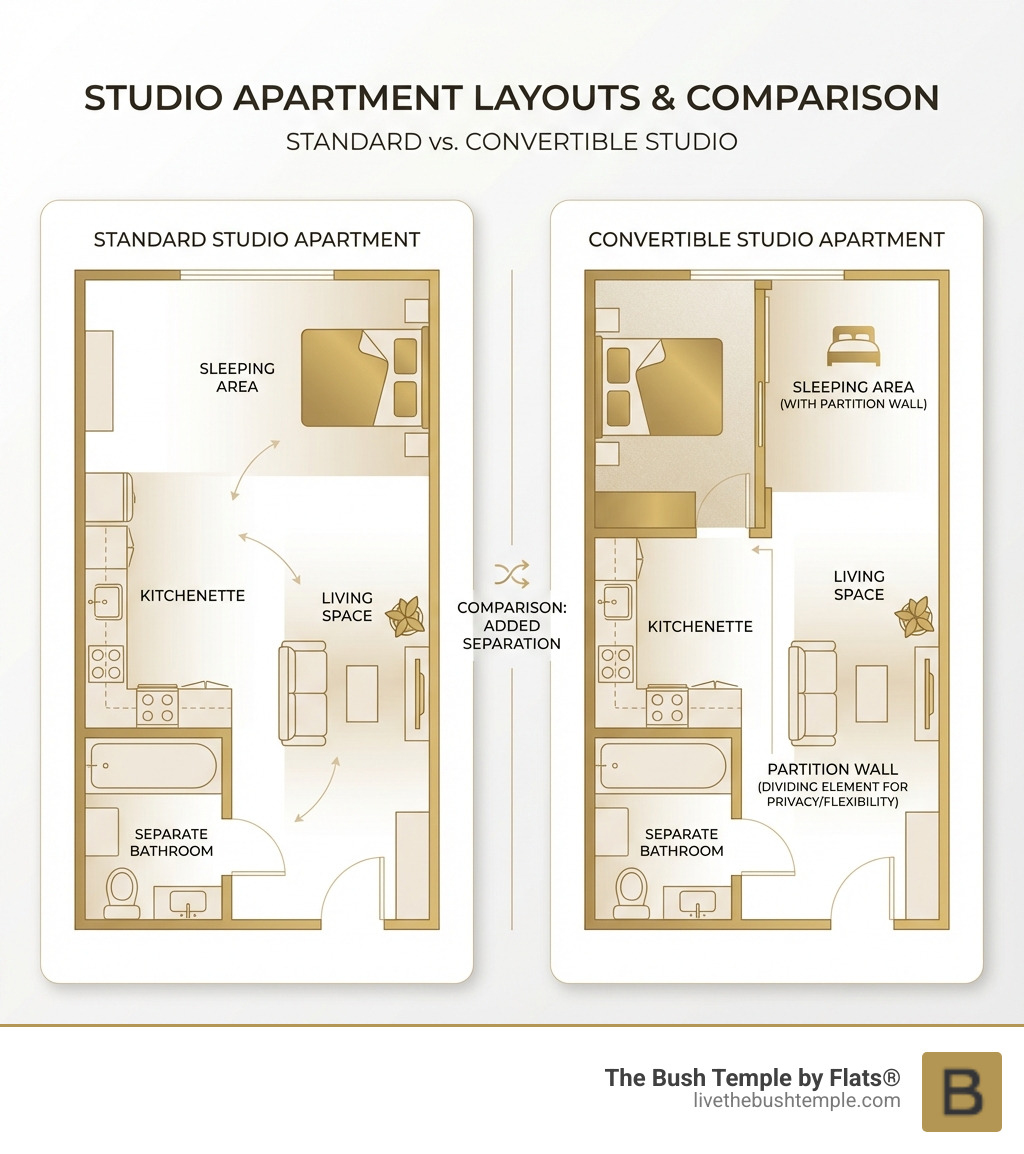 Infographic showing studio apartment layout with labeled zones for sleeping area, living space, kitchenette, and separate bathroom, plus comparison with convertible studio featuring a partition wall - Chicago studio apartments for rent infographic Infographic showing studio apartment layout with labeled zones for sleeping area, living space, kitchenette, and separate bathroom, plus comparison with convertible studio featuring a partition wall - Chicago studio apartments for rent infographic