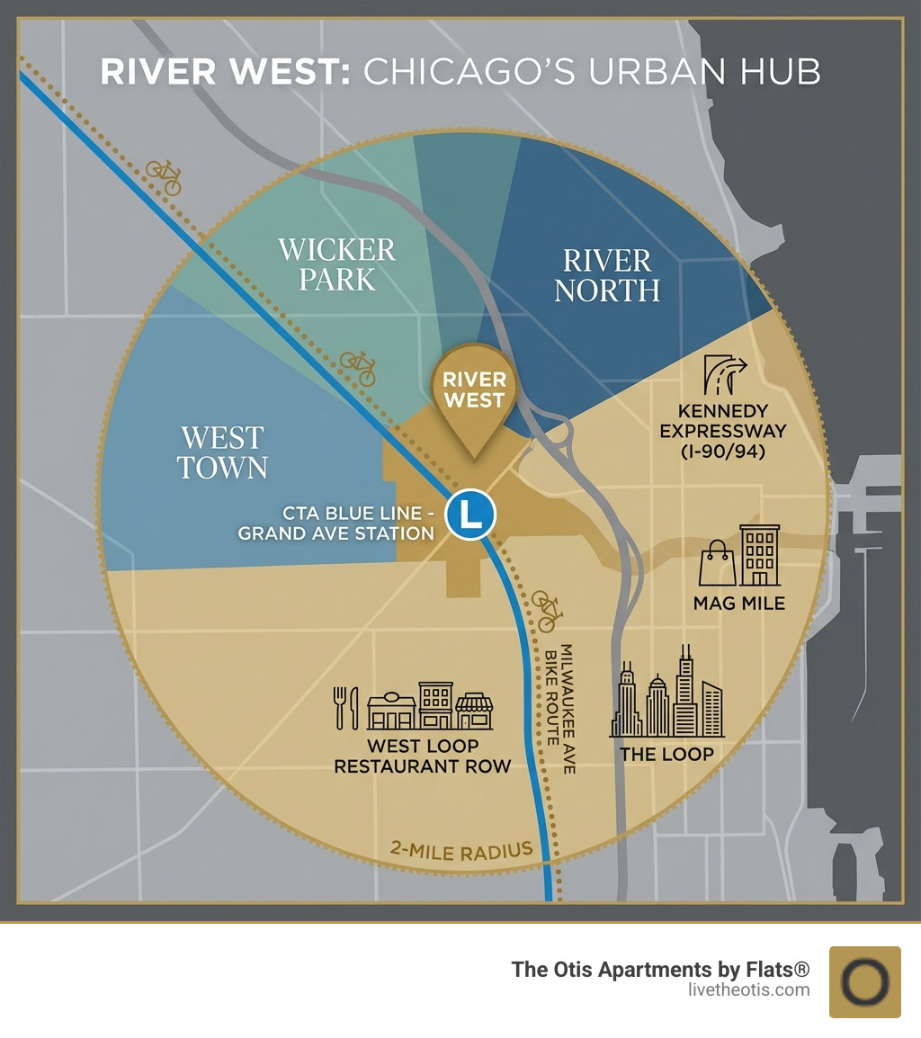 Infographic showing River West's location at the intersection of West Town, Wicker Park, and River North, with the CTA Blue Line Grand Avenue station marked, Kennedy Expressway access point, Milwaukee Avenue bike route, and 2-mile radius circles highlighting proximity to The Loop, Mag Mile, and West Loop restaurant row - River West rentals Chicago infographic 