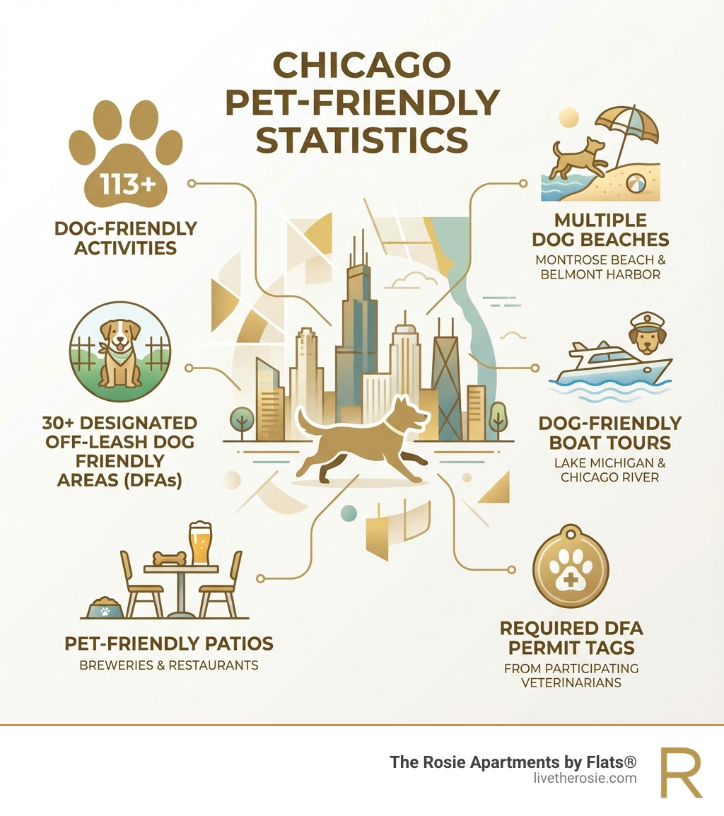 Infographic showing Chicago pet-friendly statistics: 113 dog-friendly activities, 30+ designated off-leash Dog Friendly Areas, multiple dog beaches including Montrose and Belmont Harbor, dog-friendly boat tours on Lake Michigan and Chicago River, pet-friendly patios at breweries and restaurants, and required DFA permit tags from participating veterinarians - Chicago pet friendly infographic 