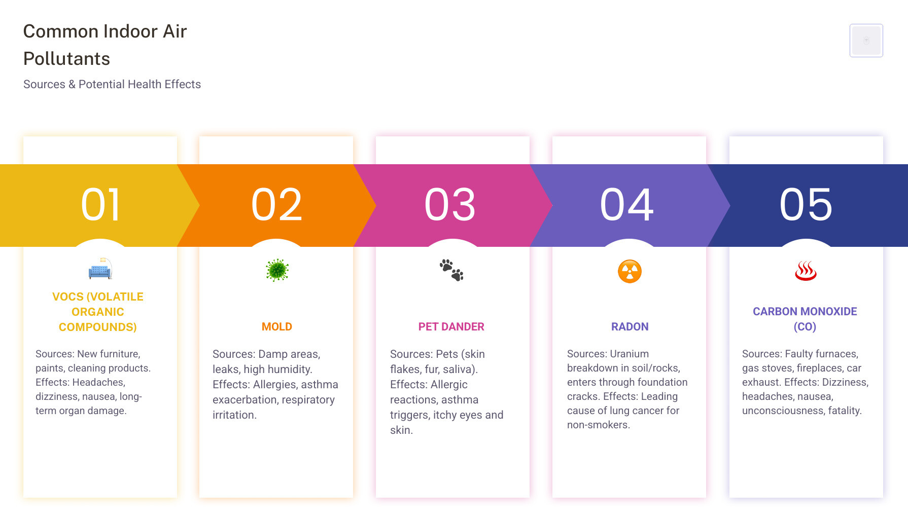 infographic explaining common indoor air pollutants, their sources, and health effects - diy air quality test kit infographic pillar-5-steps