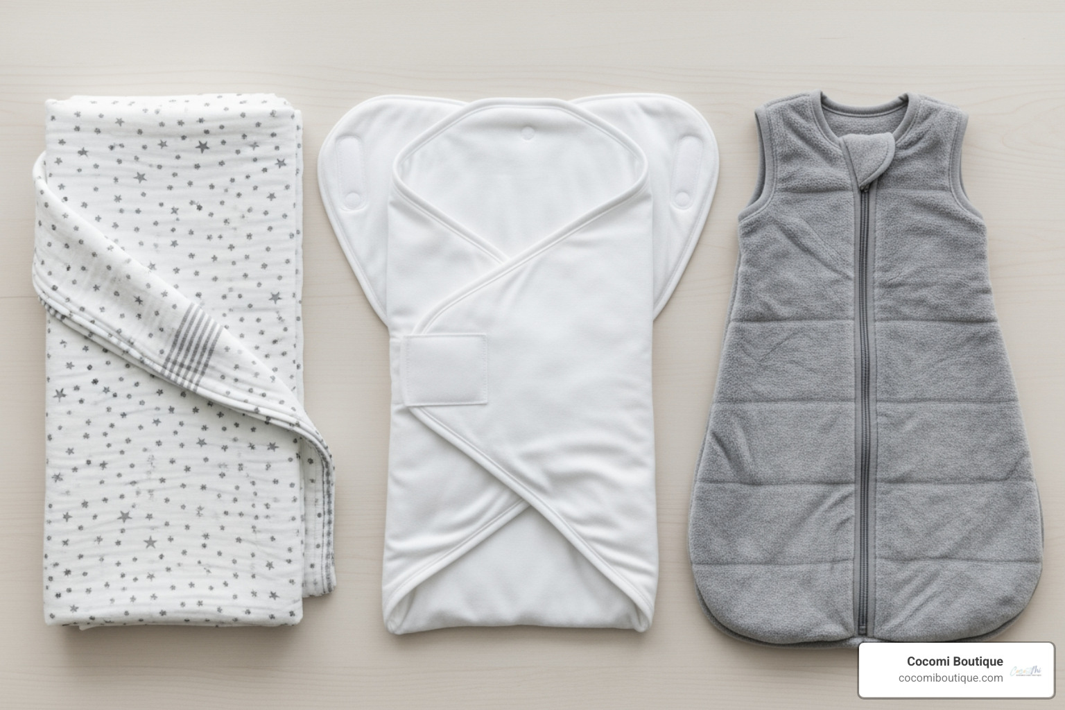 Image showcasing a traditional muslin blanket, a swaddle wrap with fasteners, and a sleep sack - baby swaddle