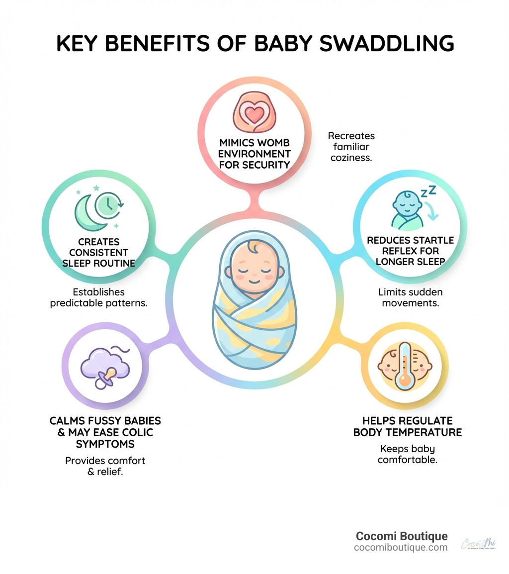 Infographic showing the key benefits of swaddling: mimics womb environment for security, reduces startle reflex for longer sleep, helps regulate body temperature, calms fussy babies and may ease colic symptoms, and creates consistent sleep routine - baby swaddle infographic 