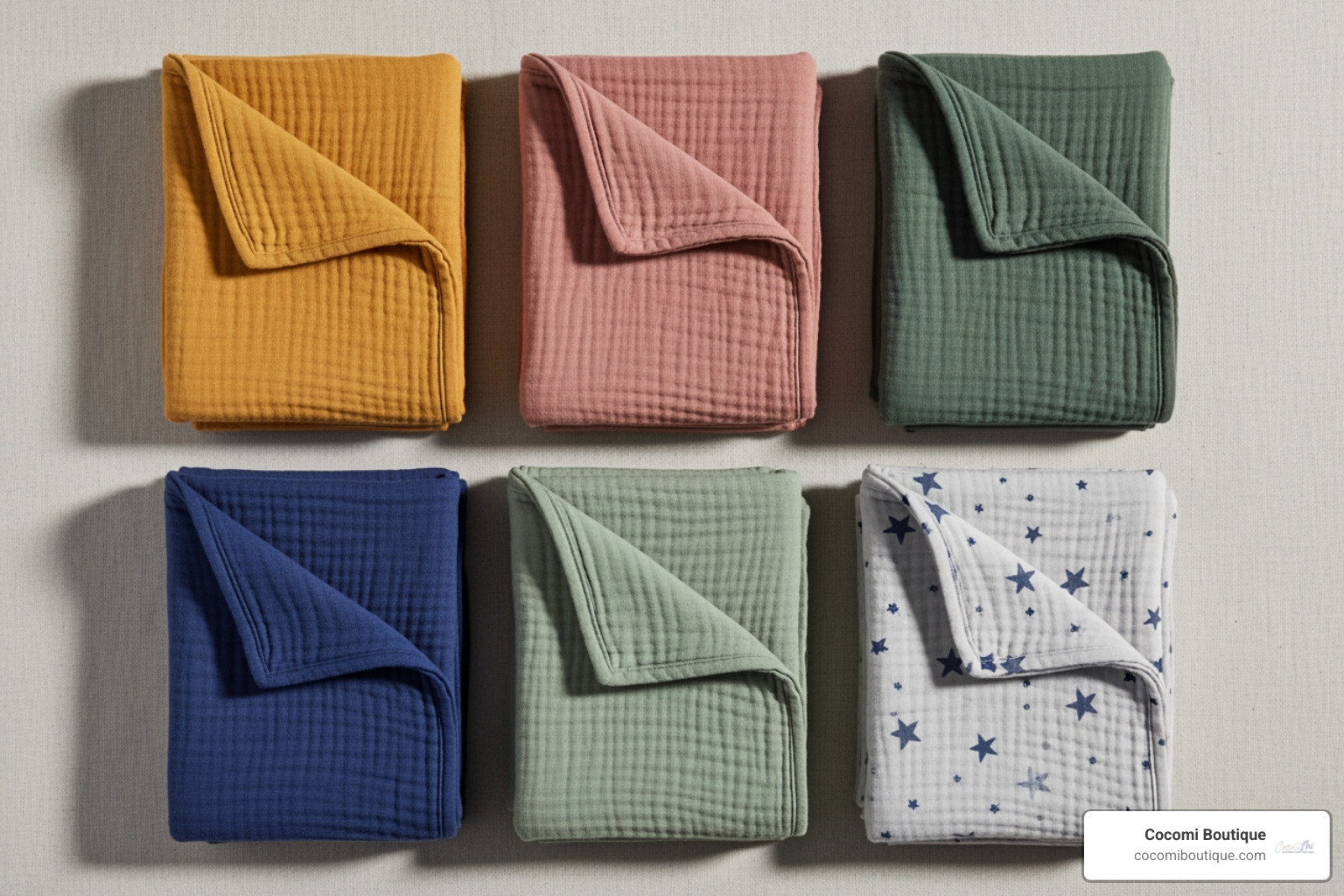 Stylish flat-lay featuring several folded organic cotton swaddles in different colors and patterns. - organic cotton swaddle blanket