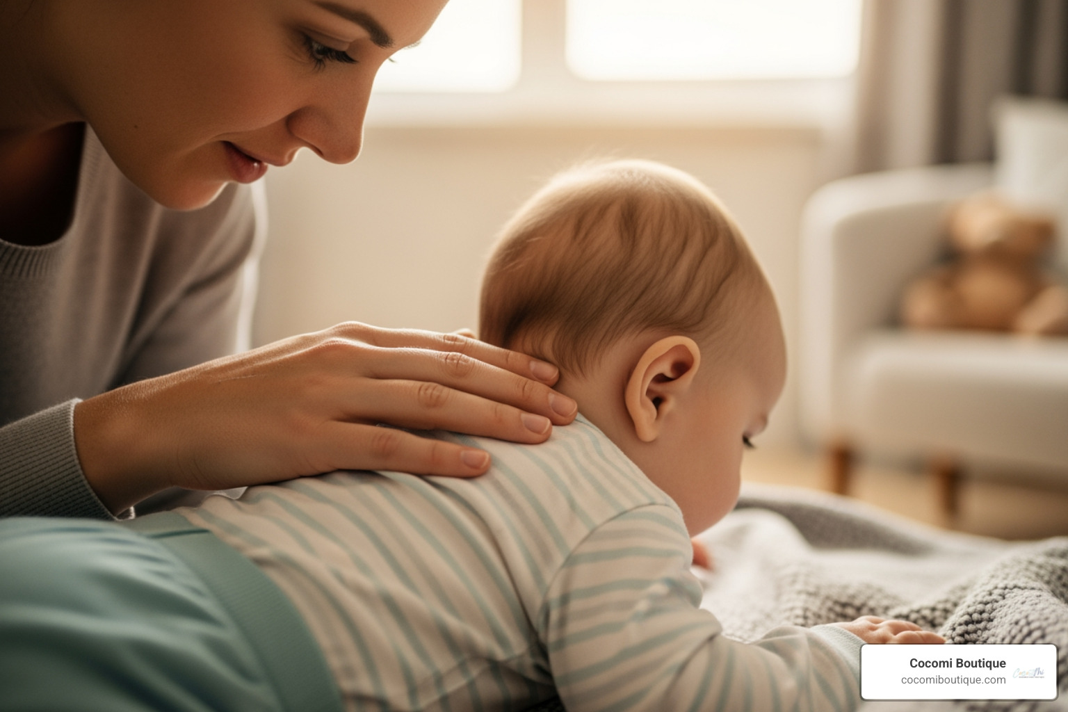 Image of a parent gently checking a baby's temperature on the back of their neck - Warm weather swaddle Image of a parent gently checking a baby's temperature on the back of their neck - Warm weather swaddle
