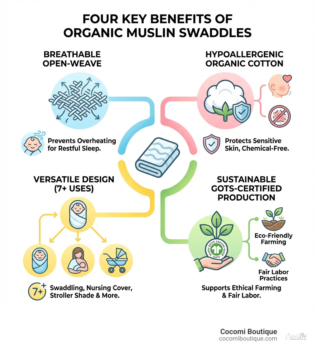 Infographic showing the four key benefits of organic muslin swaddles: breathable open-weave fabric prevents overheating, hypoallergenic organic cotton protects sensitive skin, versatile design serves 7+ different uses from swaddling to nursing covers, and sustainable GOTS-certified production supports eco-friendly farming and fair labor practices - organic muslin swaddle infographic 