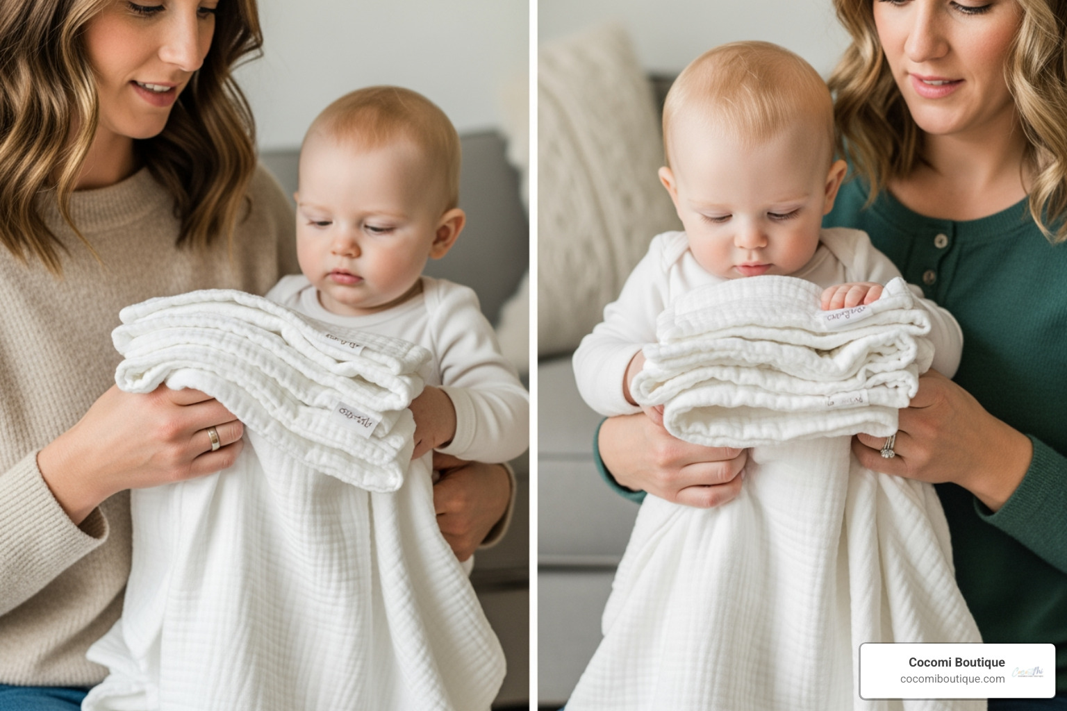 parent comparing two Cocomi Boutique muslin blankets - best organic cotton muslin blanket thicker than swaddle parent comparing two Cocomi Boutique muslin blankets - best organic cotton muslin blanket thicker than swaddle