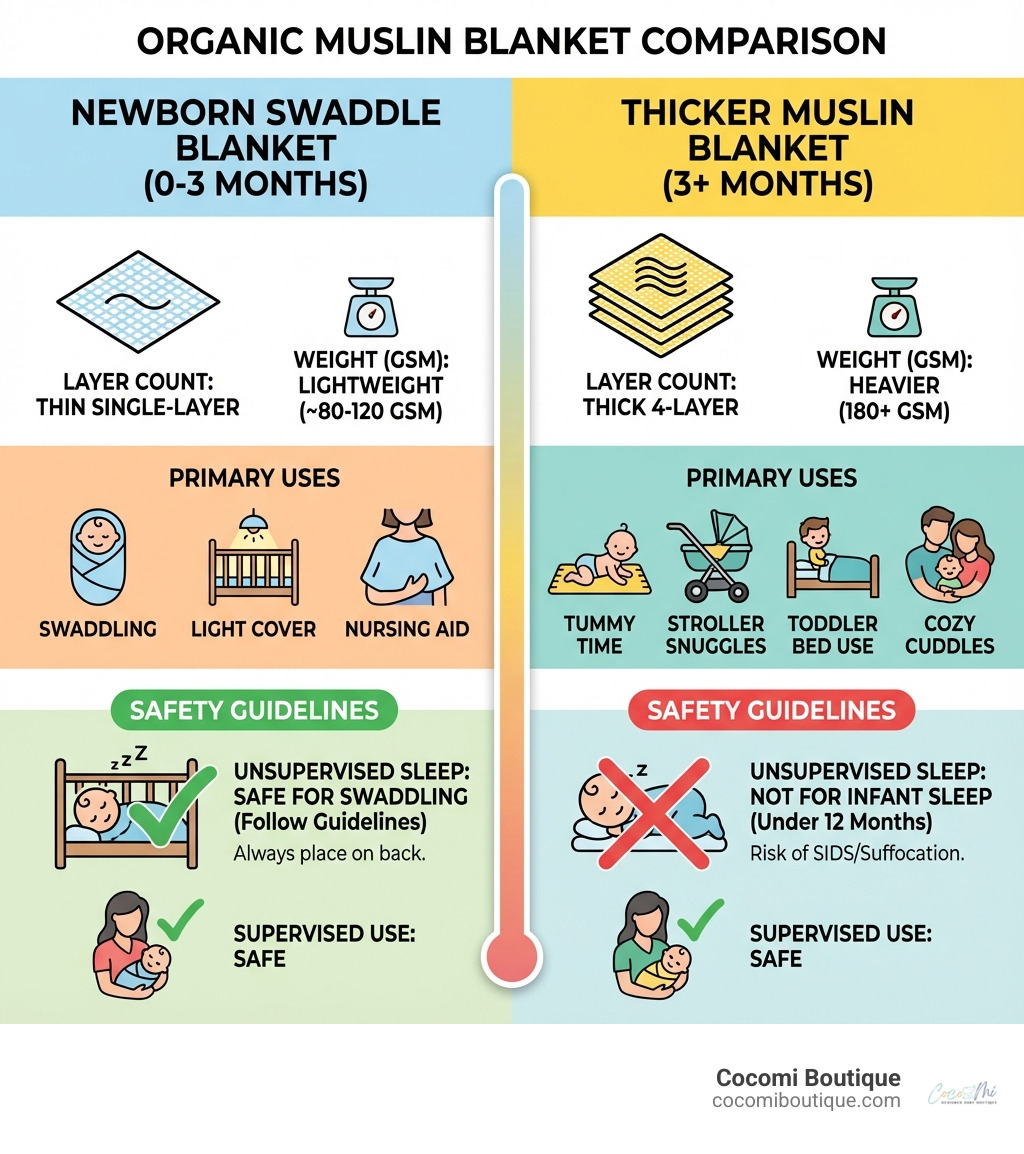 Infographic showing the difference between a thin single-layer swaddle blanket for newborns 0-3 months versus a thick 4-layer organic muslin blanket for babies 3 months and older, highlighting layer count, weight in GSM, primary uses, and safety guidelines for supervised versus unsupervised sleep - best organic cotton muslin blanket thicker than swaddle infographic Infographic showing the difference between a thin single-layer swaddle blanket for newborns 0-3 months versus a thick 4-layer organic muslin blanket for babies 3 months and older, highlighting layer count, weight in GSM, primary uses, and safety guidelines for supervised versus unsupervised sleep - best organic cotton muslin blanket thicker than swaddle infographic