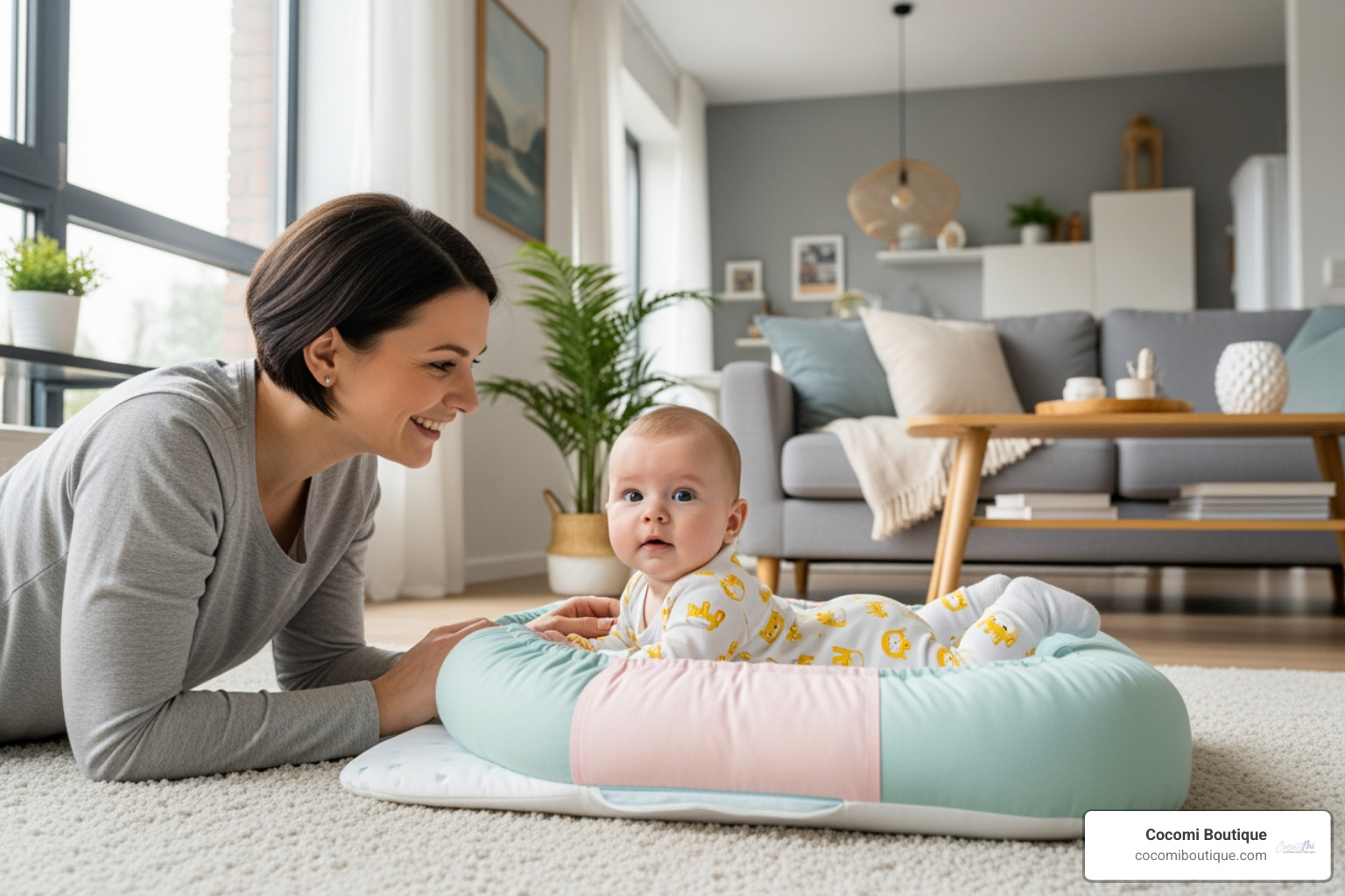 Parent interacting with their baby during tummy time on a baby nest - Baby Nest