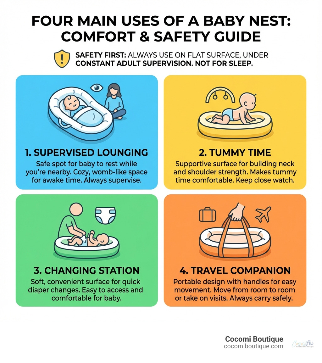 Infographic showing the four main uses of a baby nest: Supervised Lounging (baby resting in nest with parent nearby), Tummy Time (baby on stomach building strength), Changing Station (parent changing diaper on nest), and Travel Companion (nest being carried with handles). Each section includes a simple icon and brief description emphasizing supervision and safety. - Baby Nest infographic 