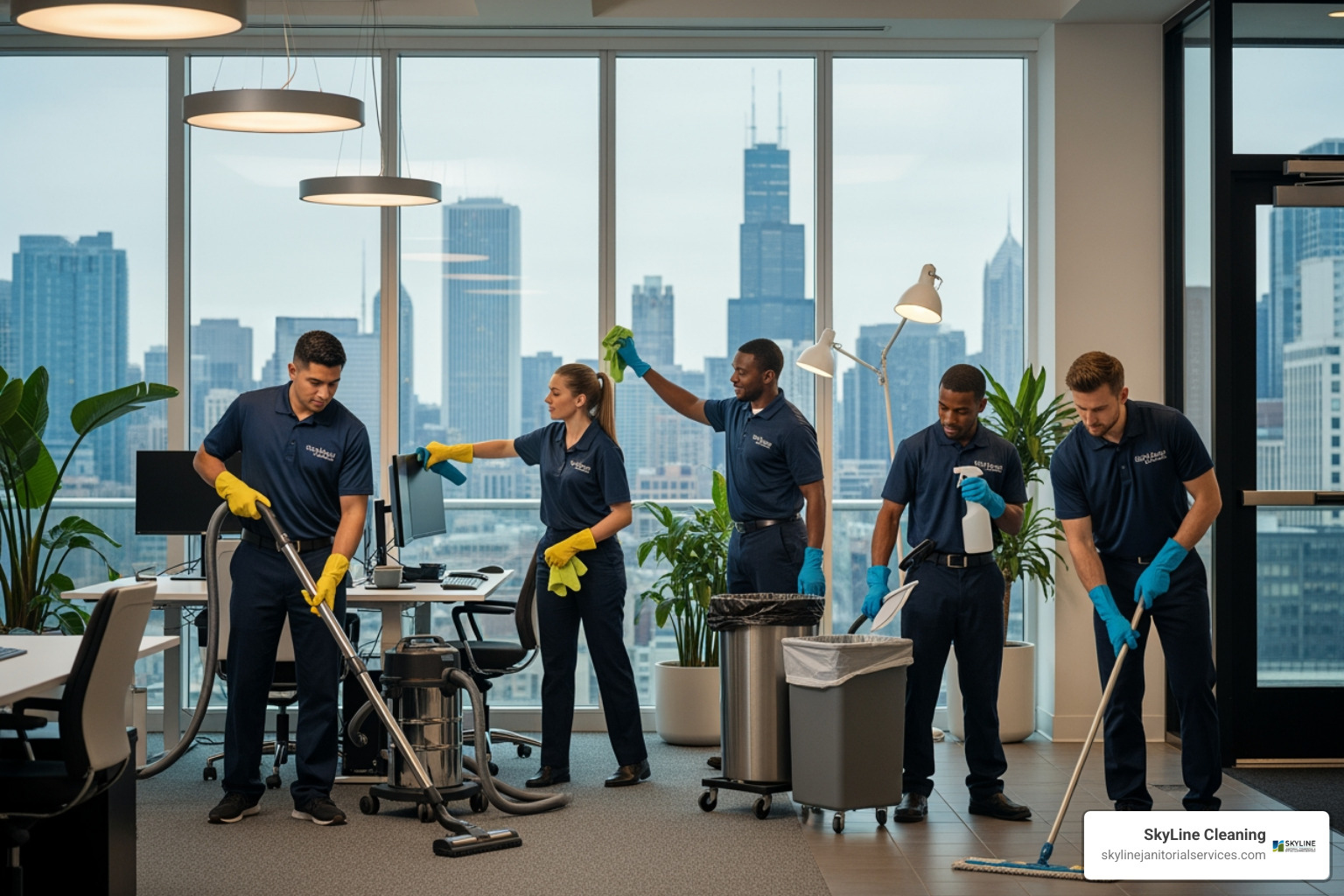 diverse cleaning team in Chicago office - office cleaning companies chicago