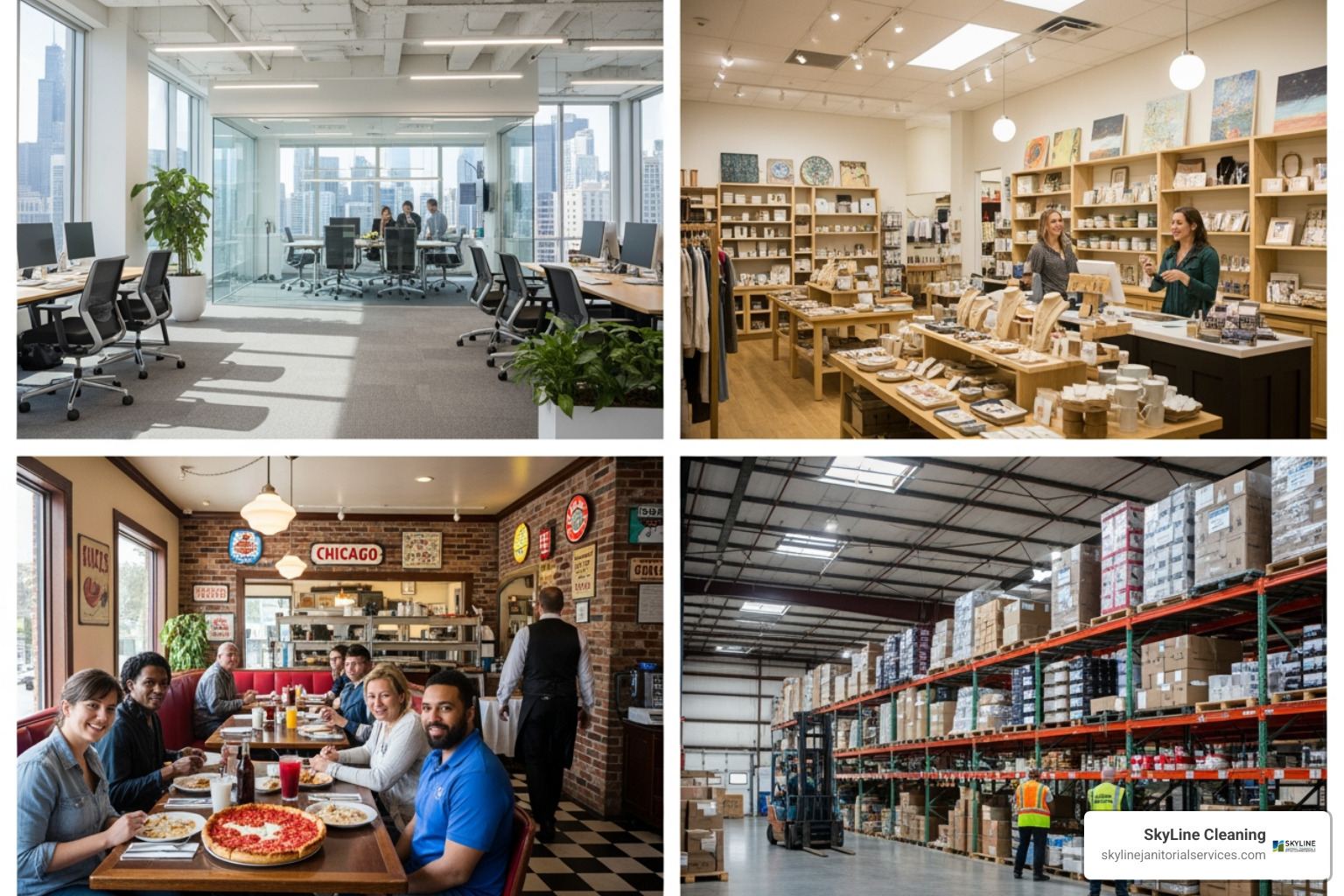 collage of local business environments - office cleaning companies chicago